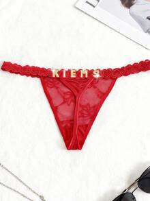 1 pieza Lencería seductora personalizada con encaje rojo y malla transparente, tanga sexy para ocasiones íntimas y el Día de San Valentín - Rojo - Ver 2