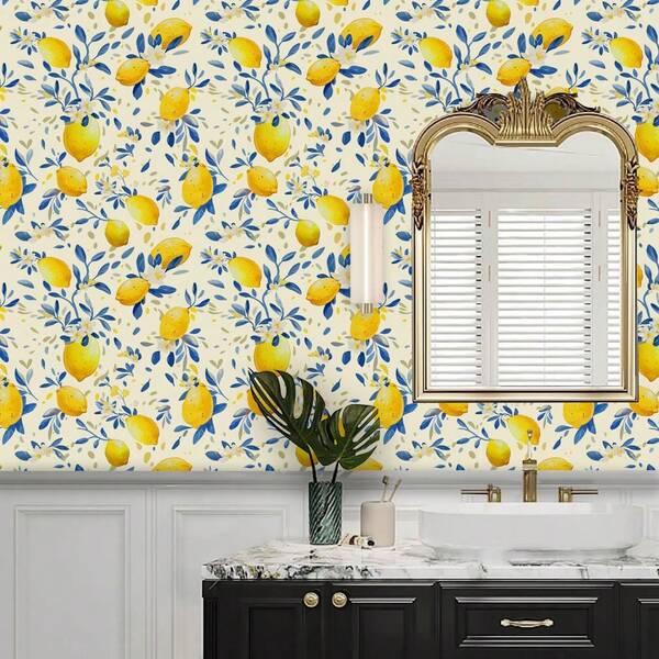 1 Roll Fresh Yellow Lemon Pattern Self-Adhesive Wallpaper, 17.32*118.1/196.8/393.7in Waterproof, Removable Vinyl Wallpaper, Light Background Fruit & Floral Decal, Wall Art Sticker, Easy To Cut And Install, Suitable For Bedroom, Living Room, Bathroom, Dining Area, Cabinet, Wardrobe, Tabletop Renovation, Multi-Surface Use, Seamless Wallpaper Roll