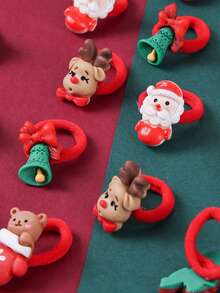 10个/套 女孩圣诞发圈，包含圣诞老人/圣诞树/雪人/铃铛元素，可爱发饰发箍，高弹力橡皮筋，不伤头发 - 彩色 - 查看 5