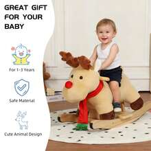 Kids Ride-On Rocking Horse Toy With Lullaby Song,Moose Rocking Toy With Hand Puppets And Safety Belt For Children 1-3 Years,Soft Plush Fabric,Apricot,CPC Certified - mơ + nhung + cotton - Xem 1
