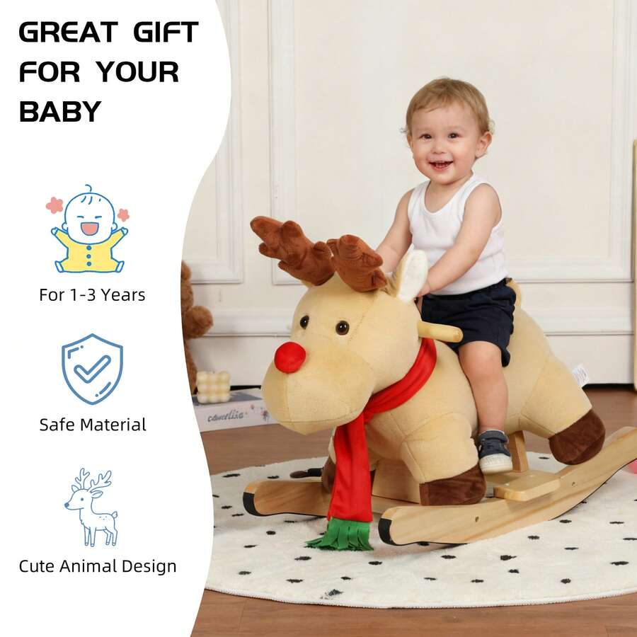 Kids Ride-On Rocking Horse Toy With Lullaby Song,Moose Rocking Toy With Hand Puppets And Safety Belt For Children 1-3 Years,Soft Plush Fabric,Apricot,CPC Certified - mơ + nhung + cotton - Xem 1