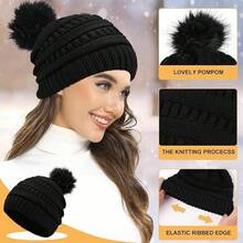 Un conjunto de bufanda de invierno tejida con guantes de pantalla táctil, orejeras cálidas, conjunto de calcetines de forro polar 5 en 1 - Beis - Ver 4