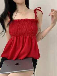 T109 Short Top With Straps And Ruffles - Red - View 3
