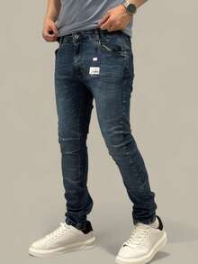 Men's Slim Fit Premium Denim Jeans With Elastane Lycra - 普魯士藍 - 查看 1