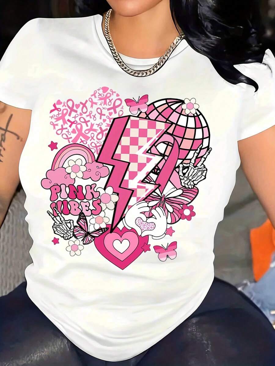 Women's T-Shirt Pink Punk Vibes Heart Lightning Checkered Pattern Butterflies Flowers Rainbow Design Cute Feminine Style For Casual Wear Party Outfits Summer Fashion - trắng - Xem 1