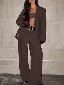 时尚设计休闲优雅纯色纽扣褶边女式通勤休闲优雅简约西装外套和裤子套装，适合晚间约会、节日、婚礼、学校、度假、办公室、日常、生日派对、约会、正式晚宴、返校派对、单身派对、旅行、茶会、机场 - 棕色 - 查看 5