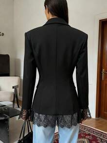 1件純色編織布蕾絲拼接鈕扣女款辦公西裝外套，適合春秋冬季，黑色秋季款 - 黑色 - 查看 2