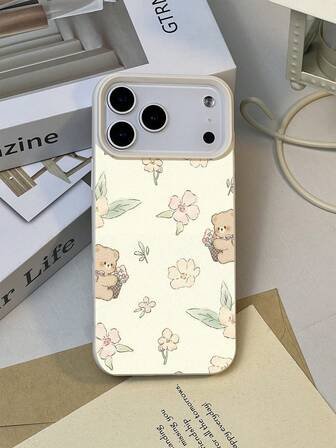 1pc Minimalist Cartoon Bear & Flower Pattern Litchi Texture Waterproof Shockproof Anti-Slip Soft Phone Case, Suitable As Birthday/Holiday Gift For Friends, Family, Couples, Compatible With Apple//Phones