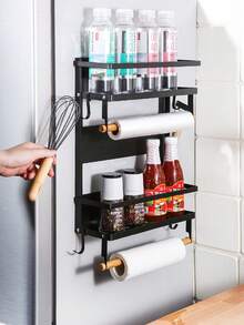 Estante de almacenamiento de cocina de metal multifuncional - Estante de almacenamiento lateral magnético, apto para refrigerador y lavadora - sin necesidad de perforar, acabado negro elegante, organizador de especias montado en la pared, Estante organizador lateral de refrigerador de 1 pieza con ganchos para colgar objetos pequeños adecuado para familias ocupadas y espacios pequeños - Negro - Ver 4