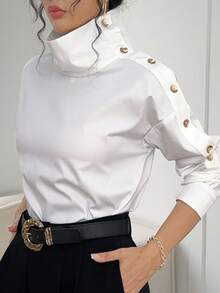 女士纯色纽扣长袖休闲衬衫