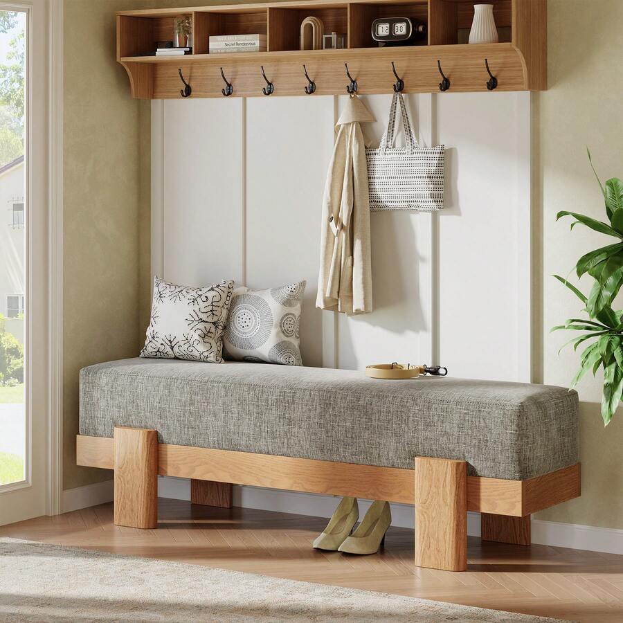 Tribesigns 55-Inch Upholstered Entryway Bench, Modern Shoe Bench With Fabric Padded Seat And MDF Frame, End Of Bed Stool For Bedroom, Entrance, Living Room, Grey & Oak - 灰色和橡木色 - 查看 1