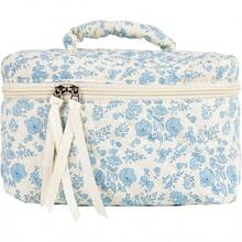 ZxsaMakeup Bag Large Travel Quilted Etic Makeup Bag Organizer Floral Cotton Coquette Aestetic Tetry Bag  Women Girls Blue Floral-LMakeup Bags - 藍花 - 查看 1