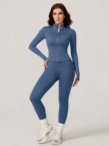 1 Set Women's Slim Fit Zip-Up Collar Long Sleeve Pants Sports Suit - 藍色 - 查看 3