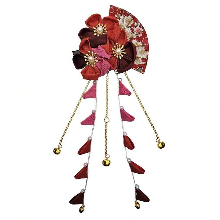 Womens Kimono Hair Clip Japanese Flower Hair Tie Band - Red Floral Hair Accessories For Kimono Yukata Cosplay - 3.9 Inch Hairpin - 如圖794 - 查看 1