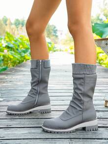 Încălțăminte de damă, Ghete la modă de damă, Ghete până la jumătatea gambei de damă, Ghete noi din piele și tricot cu manșetă până la jumătatea gambei, Ghete elegante de damă cu vârf rotund, versatile și la modă, Ghete de damă cu talpă groasă și fermoar lateral, Ghete la modă de damă pentru exterior