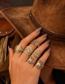 A Set Of 5 Vintage-Engraved Floral Pattern Mixed-And-Matched Western-Style Antique Gold Open Rings, Exuding A Simple And Elegant Charm, Perfect For Everyday Wear, Casual Occasions, Holidays, And Special Occasions.Party Favors,Halloween, The Best Choice For Christmas Party Gifts - 老錢戒指 - 查看 2