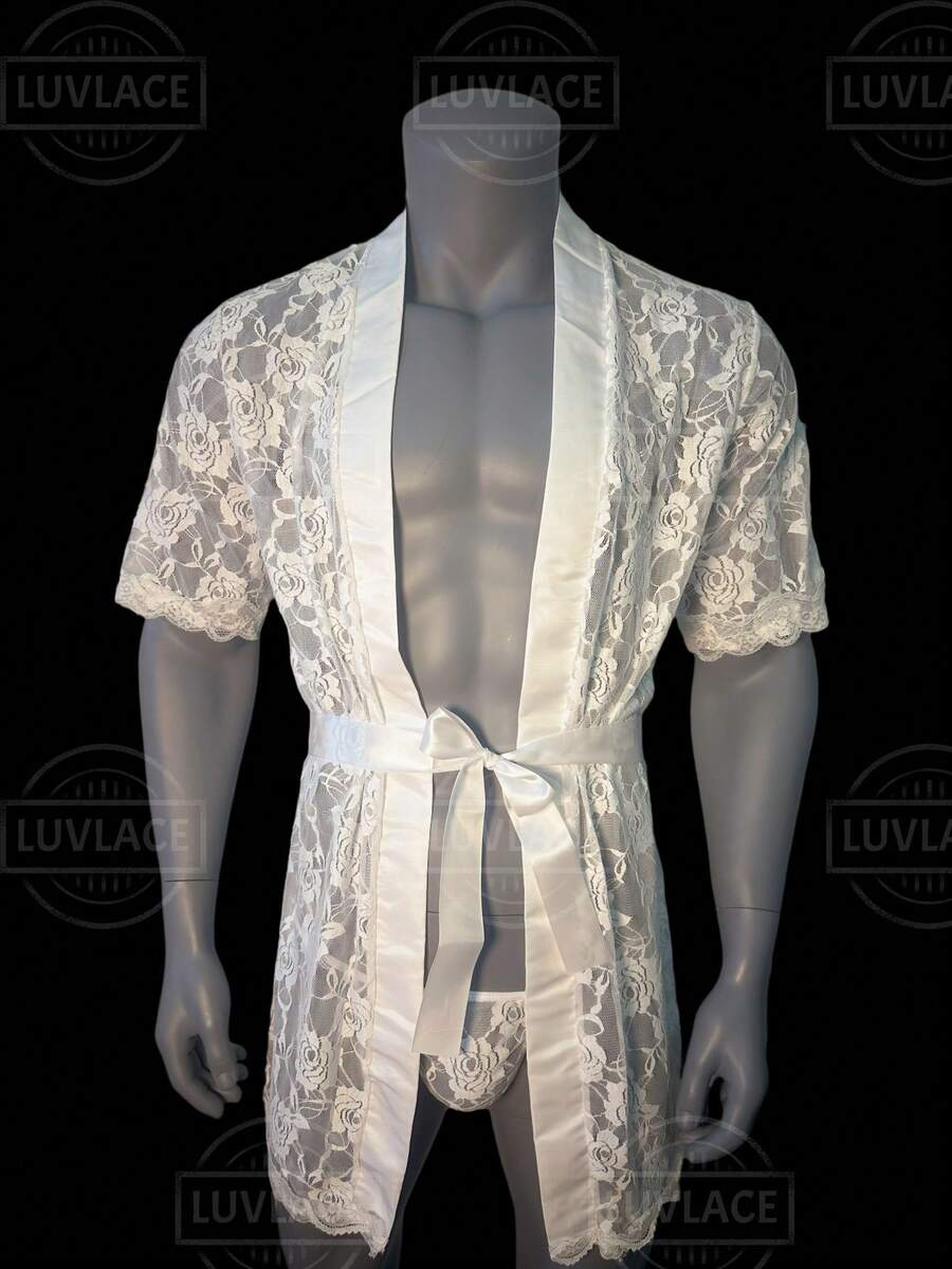 Men's Erotic Lingerie: Sexy Lace Rose-Print Men's Robe + String Thong + Sash, Sexy Sheer Loungewear - 白色 - 查看 1