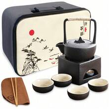 Chinese Gongfu Tea Set Traditional, Black Portable Tea Set For Adults, Asian Tea Service With Ceramic Teapot Warmer BC05BFJ23 - 方形黑色 - 查看 1