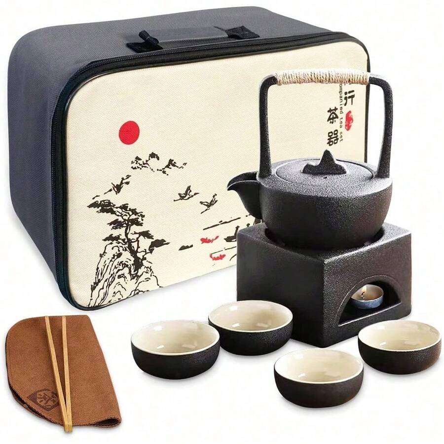 Chinese Gongfu Tea Set Traditional, Black Portable Tea Set For Adults, Asian Tea Service With Ceramic Teapot Warmer BC05BFJ23 - 方形黑色 - 查看 1