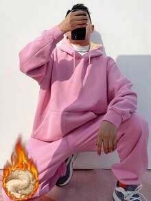1 Set Men's Sherpa Hoodie Sweatshirt With Thick Wool Lining, Hooded Winter Warm Sports Suit With Kangaroo Pocket, Thermal Lined Sweatsuit, Casual 2-Piece Set (Fleece Hoodie + Fleece Pants) - Pink - View 1