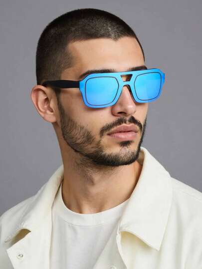 1副男士街头嘻哈双梁飞行员方形时尚眼镜，适合假日外出、服装搭配和节日礼物