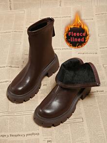 2025秋冬新款女靴，带保暖内衬、弹性鞋带、厚底、增高设计，英伦切尔西保暖短靴