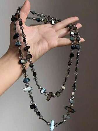 1 Lady's Retro Necklace, Bohemian Colored Shell Beaded Double-Layer Necklace, Retro Light Luxury Holiday Long Necklace That Can Be Stacked,The Colors Of The Stones And Beads Are Random,The Shape Of The Stone Is Random