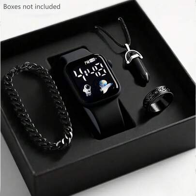 4件套男童时尚简约LED飞机数字显示电子手表，适合男孩佩戴，配有时尚手链、戒指和项链套装，是学生的理想之选，完美适用于返校、聚会、旅行和日常生活。生日礼物、毕业礼物，送给男孩的完美礼物。