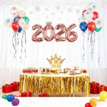 1个金色银色皇冠2026数字铝箔气球，优雅的金色银色饰面，无需用电，经久耐用且易于充气，非常适合庆祝活动和主题活动、新年装饰、圣诞节和新年装饰、节日派对用品、圣诞装饰。 - 彩色 - 查看 4