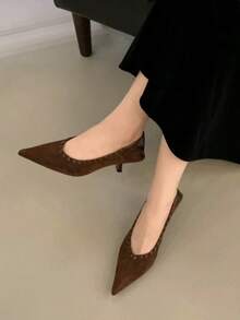 2025秋季新款复古麂皮拼接尖头套脚高跟鞋，百搭细跟小众高品质女式高跟鞋，猫跟鞋 - 棕色 - 查看 6