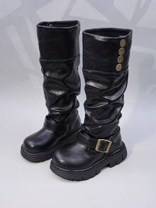 女童高筒靴，秋冬新款兒童長靴，中大童厚底鬆垮靴，2合1騎馬靴，幼兒女童中筒靴，學生嬰兒靴 - 黑色 - 查看 1