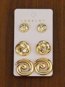 3对-12对/套 时尚经典设计，心形、蝴蝶结、花朵造型镀金耳环，超级可爱 | 简约 | 圣诞节和情人节礼物 - #2金色 - 查看 9