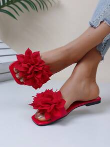 Breezelady Women's Cute Floral - Decorated Slide Sandals, Open Toe, Flat Heel, Bohemian - Sweet Style, Red, Fabric Material, Summer Daily & Party Shoes - 紅色 - 查看 6