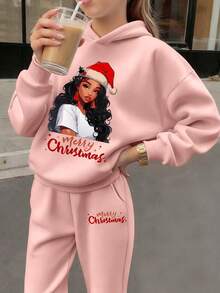 2 Stücke/Set Tween-Mädchen Weihnachts Bedruckter Kapuzenpullover und Weihnachts Slogans Bedruckte Hose, geeignet für Herbst/Frohes Neues Jahr Tragen