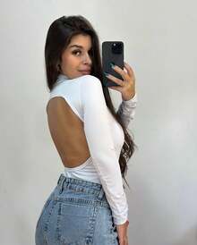 Women's Sexy Long Sleeve Bodysuit With Cutout/Deep Back - trắng. - Xem 1