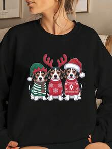 Sudadera Navideña de Cachorros Beagle para Mujer - Suéter Gris Acogedor con Cuello Redondo y Estampado de Perritos en Gorras Elfo & Santa,  Otoño Invierno Impreso a Largo Plazo Amantes Perro Lavable Maquina - Oscuro - Ver 12