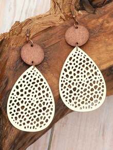 1 Pair Retro Hollow Spiderweb Pattern Wooden Dangle Earrings - 彩色 - 查看 5