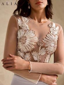 Aliao Floral Crochet Mesh Embroidery Elegant Sexy 3D Sheer Long Sleeve Blouse, Women's Sexy Top, Summer, Dignified, Suitable For Wedding Season, Valentine's Day, White Party, Old Money Style, Palace Style, Eye-Catching, Elegant Daily Wear Spring - Apricot - View 5