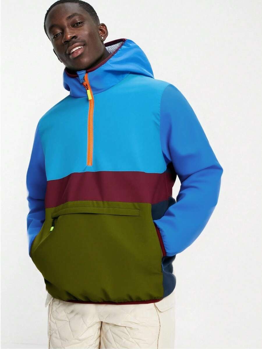 Men's Lightweight Casual Jacket Patchwork Hoodie - Blue - View 1