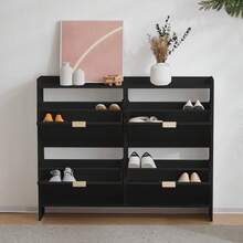 Modern Shoe Cabinet With 4 Hinged Doors, Freestanding Shoe Rack, Open Shelves, Suitable For The Entrance Area Or Hallway, White, Dimensions: W110/H90/D24