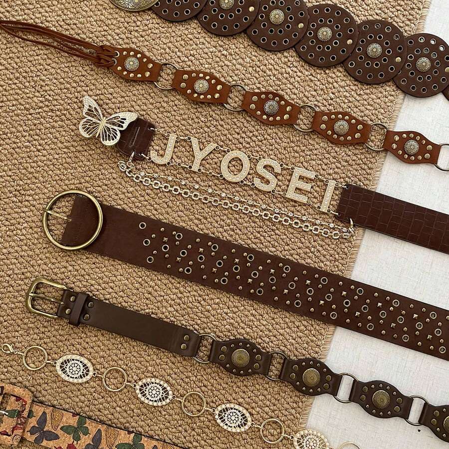 1 Piece Retro Western Rivet Belt For Women, Brown Waist Cincher, Decorative Accessory For Skirts & Pants, High-End Feel, Light Luxury, Personalized Design, Fashionable Style, Fresh Look, Suitable For Daily Wear, Western-Themed Parties, Countryside Trips, Dating & Casual Outings - đinh tán da lộn - Xem 1
