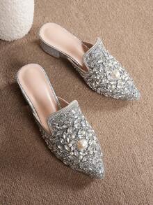 Women's Pointed Toe Mid-Heel Slip-On Mules, Sparkling Rhinestone Embellished, Fashion Dress Shoes For Party & Vacation, Suitable For All Seasons - Silver - View 3