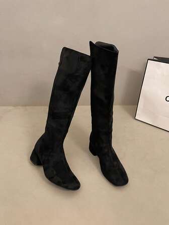 Fall/Winter Women's Round Toe Fashion Versatile Suede Thick High Heel Knee-High Boots