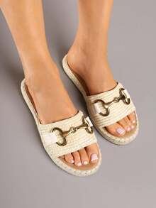 Boho Woven Espadrille Slides For Women, Summer Casual Beach Sandals - Beige - View 4