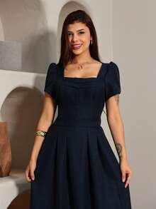 Luxury Midi Dress, Plain, Stylish And Elegant, Duna Linen, Short Sleeves. - 藏蓝色 - 查看 5