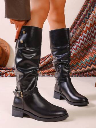 Women's Knee-High Boots, Minimalist Solid Color, Round Toe, Soft Sole, Non-Slip, Versatile, 2025 Autumn/Winter New Arrival, Slip-On, Fashion Pleated Design, Outdoor Boots