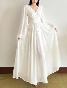 YeonC 长袖性感V领纯色修身长裙