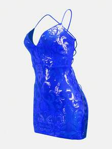 女式热蓝色亮片迷你连衣裙无袖细肩带深 V 领露背铅笔下摆派对鸡尾酒会礼服，女式吊带 V 领臀部亮片短裙，优雅、别致、奢华，优雅派对礼服，圣诞礼服，秋季、冬季女式礼服，舞会礼服，闪亮礼服