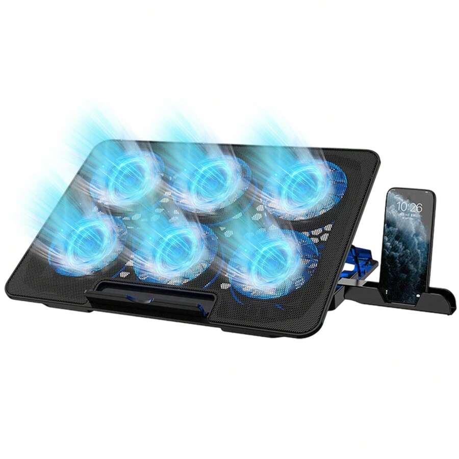 Laptop Cooling Pad, Laptop Cooler With 6 Quiet Fans For 12-17 Inch Notebook Gaming Fan Stable Stand, 5 Height & Wind Speed Adjustable, 2 USB Port & Phone Holder (Black) - 黑色 - 查看 1