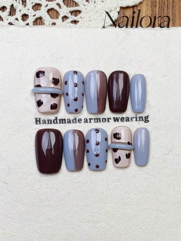 10pcs Handmade Nails Square Nails Press On Nails Short, Minimalism Dusty Blue Nails, Red Gradient, Brown Flashy Cateye Leopard Pattern Polka Dots, Simple Elegant Luxury Autumn Nails, Minimalist Aesthetic Fall Press On Nail, Versatile Nails DIY False Nail Art Party Daily & Dating Suitable Use In Work Setting Reusable, For Women & Girls As Gift Nail Supplies